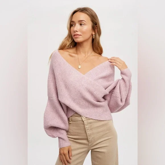 784. Crossover Ribbed Sweater in Lavender - Picture 1 of 5